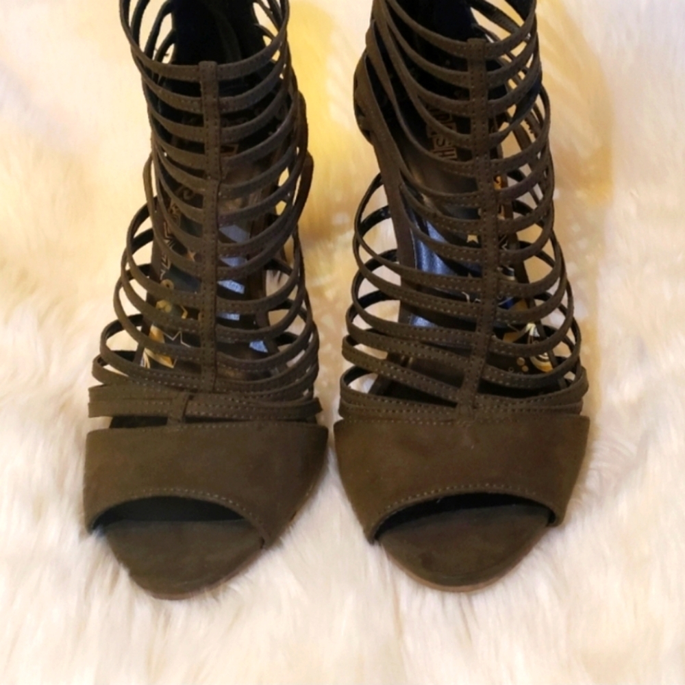 Brash 8.5 Strappy Sexy Army Green Khaki Suede Spike High Heels